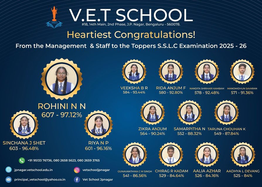 Poster celebrating VET School JP Nagar SSLC Examination toppers 2025–26
